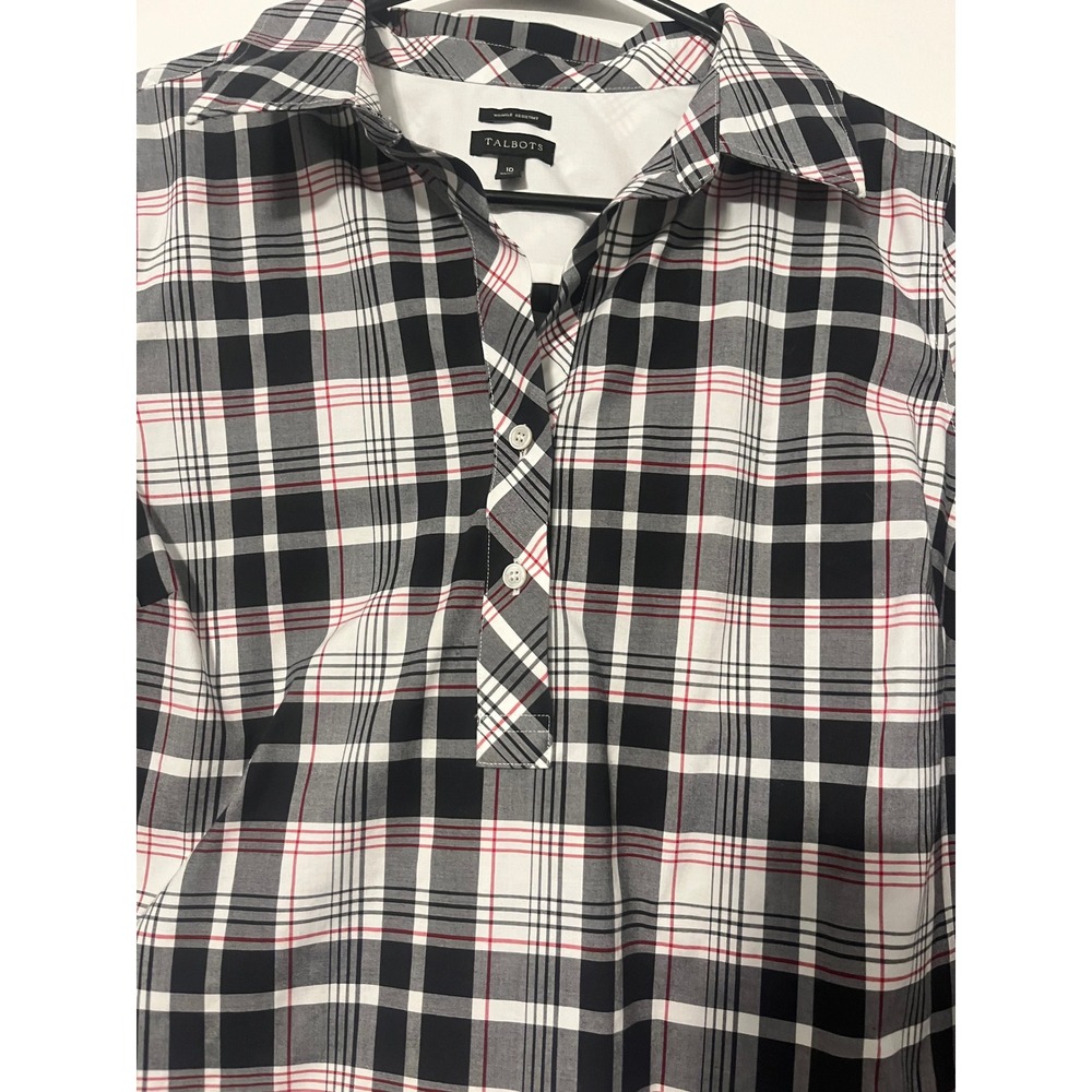 Talbots Womens Black White Red Plaid Wrinkle Resistant Popover Tunic Top Size 10 - Picture 3 of 6